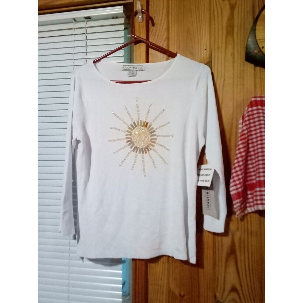 Lucia Burns Women's XL White With Sequin Sun Design 3/4 Sleeve Top